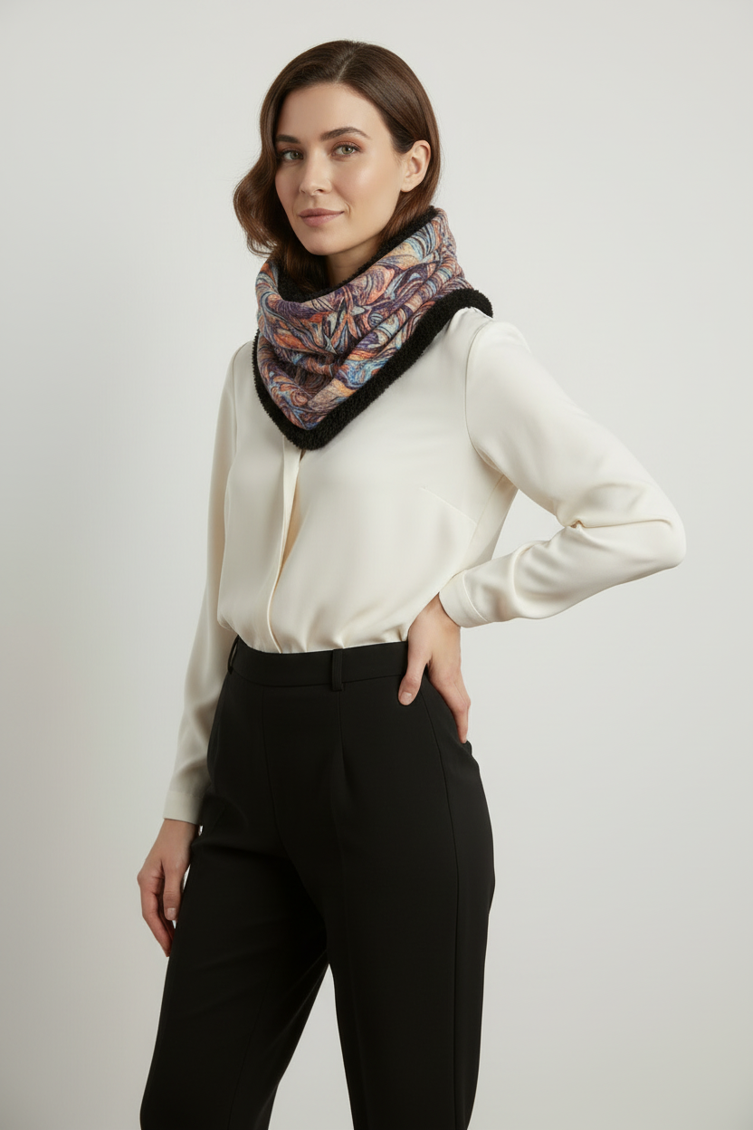 abstract  golden yellow winters scarf, elegant soft velvet scarf or snood. unisex gift for Christmas. luxurious velvet snood scarf