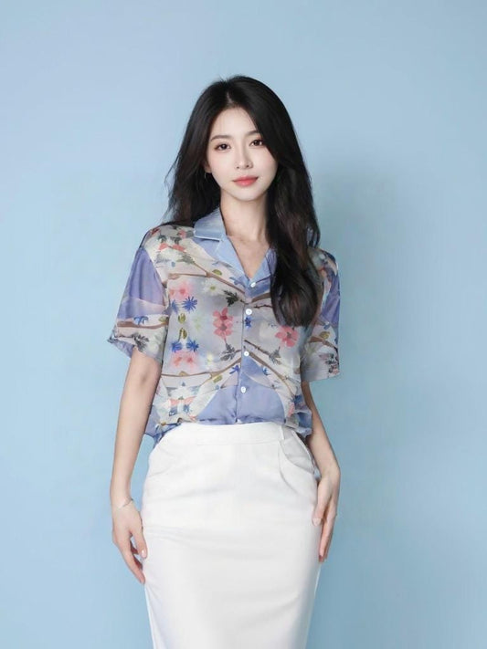 Vintage Floral Short Sleeve Blouse – Retro Blue Button-Up Shirt for Women