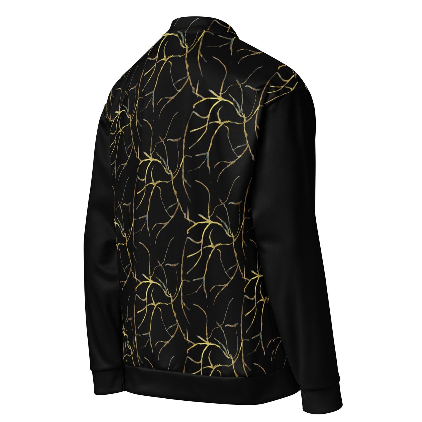 Plus Size Bomber Jacket: Black with Gold Geometric Print