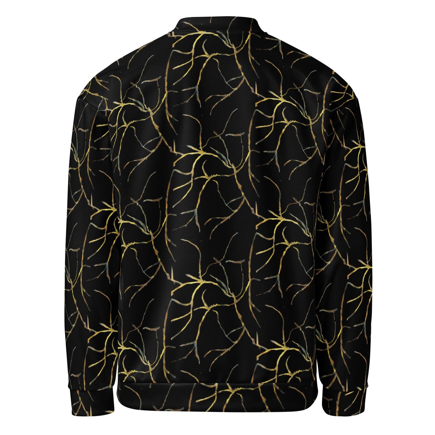 Black and Gold Bomber Jacket: Abstract Leaf Pattern, Lightweight Outerwear
