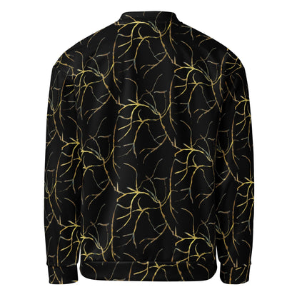 Black and Gold Bomber Jacket: Abstract Leaf Pattern, Lightweight Outerwear