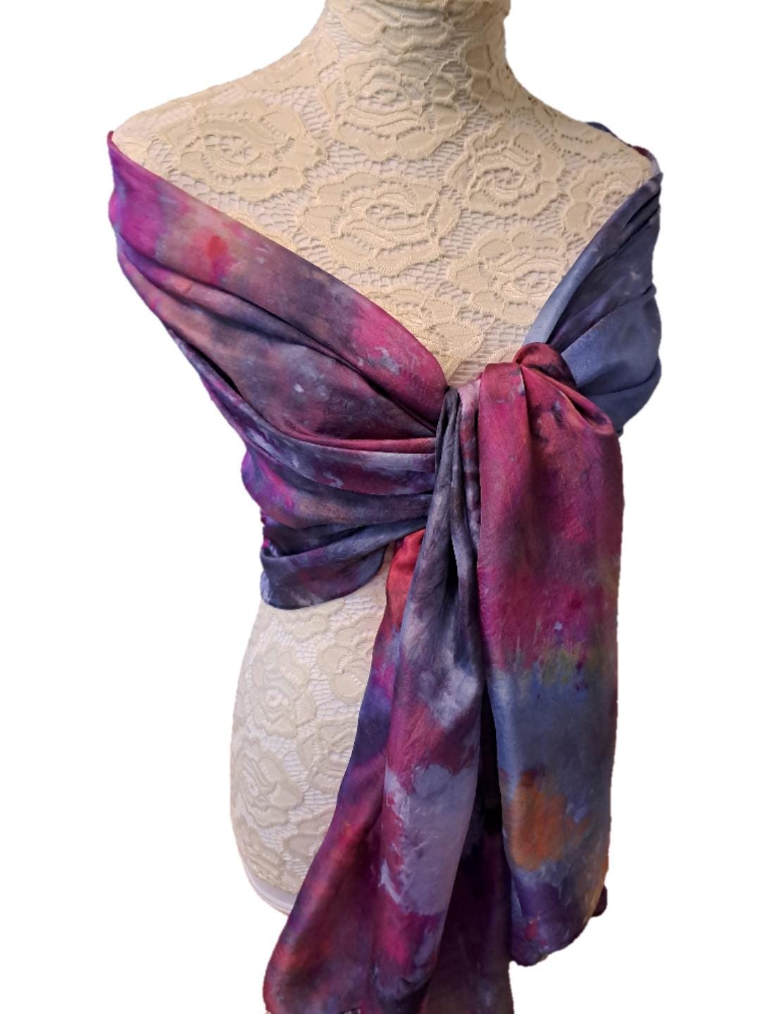 Ice Dyed Scarf: Vibrant Blue Purple Pink Lightweight Silk Scarf
