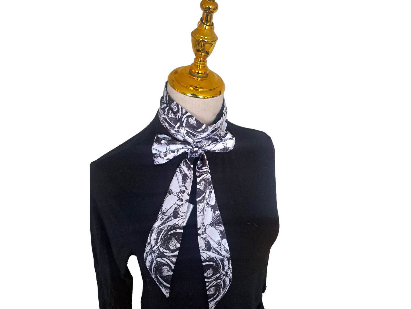 Silky Skinny Scarf: Abstract Blossom Print, Black and White Necktie