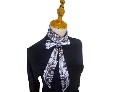 Silky Skinny Scarf: Abstract Blossom Print, Black and White Necktie