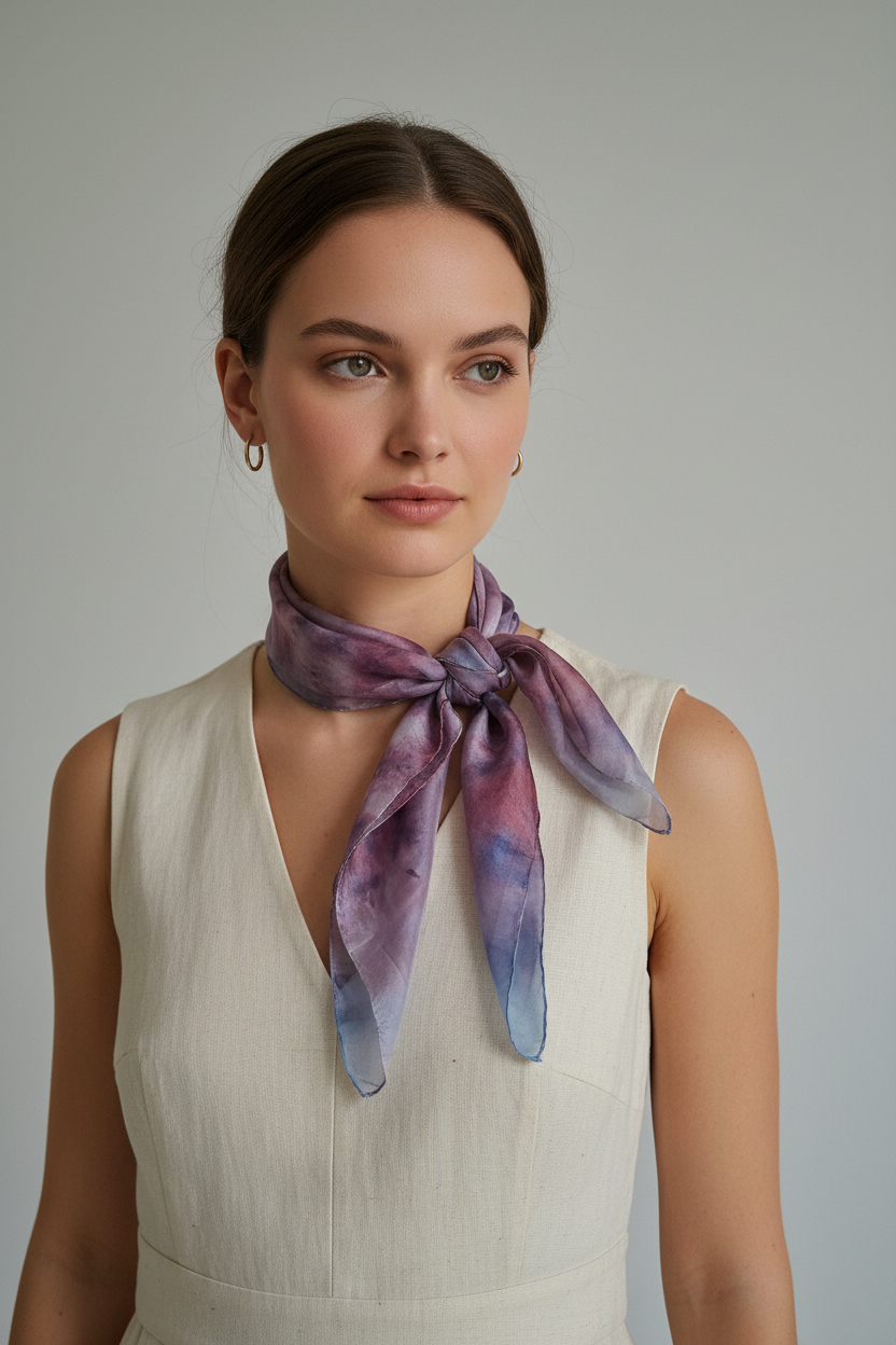 Handmade Silk Neckerchief: Purple Blue Tie-Dye Scarf