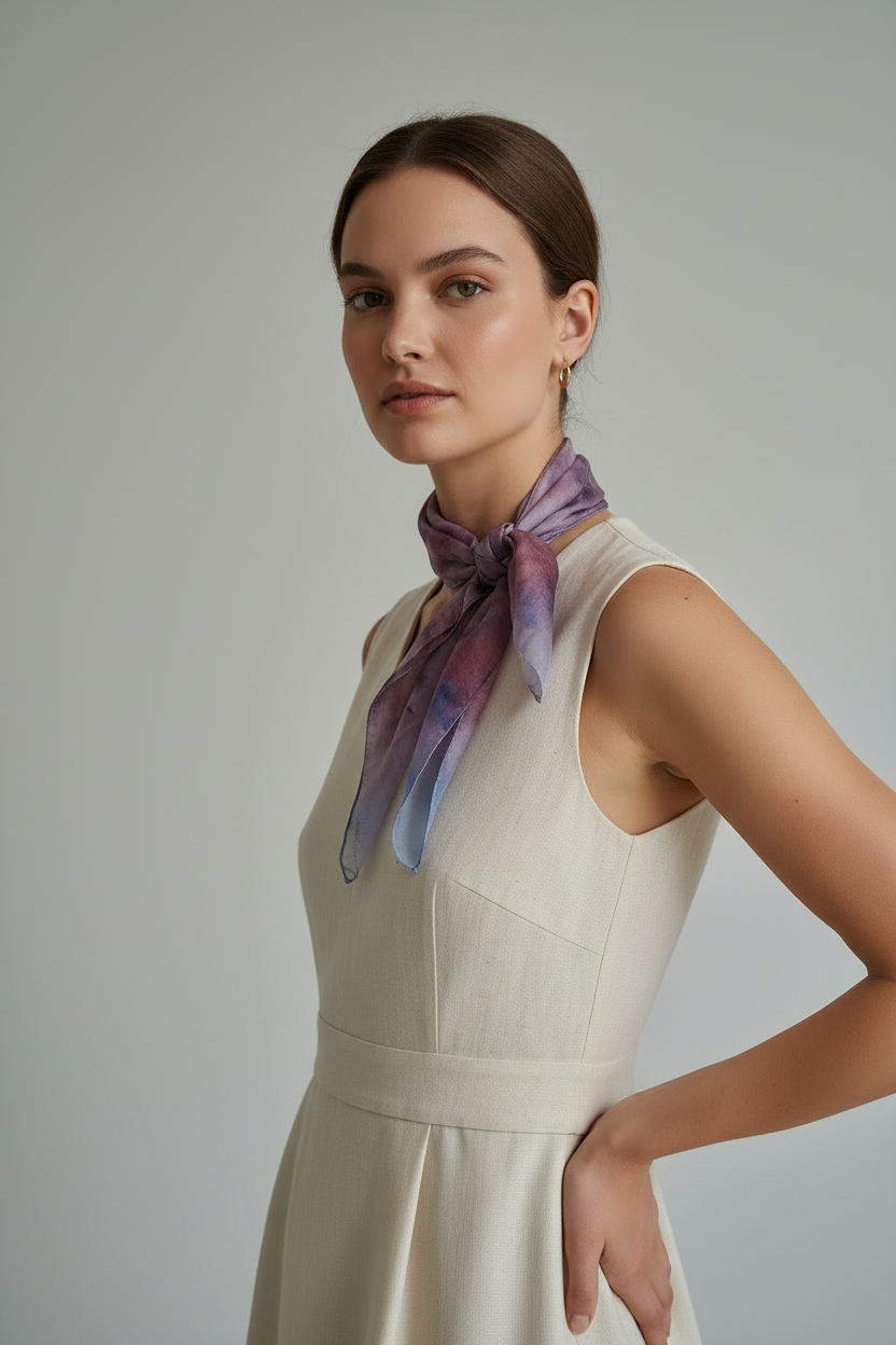 Handmade Silk Neckerchief: Purple Blue Tie-Dye Scarf