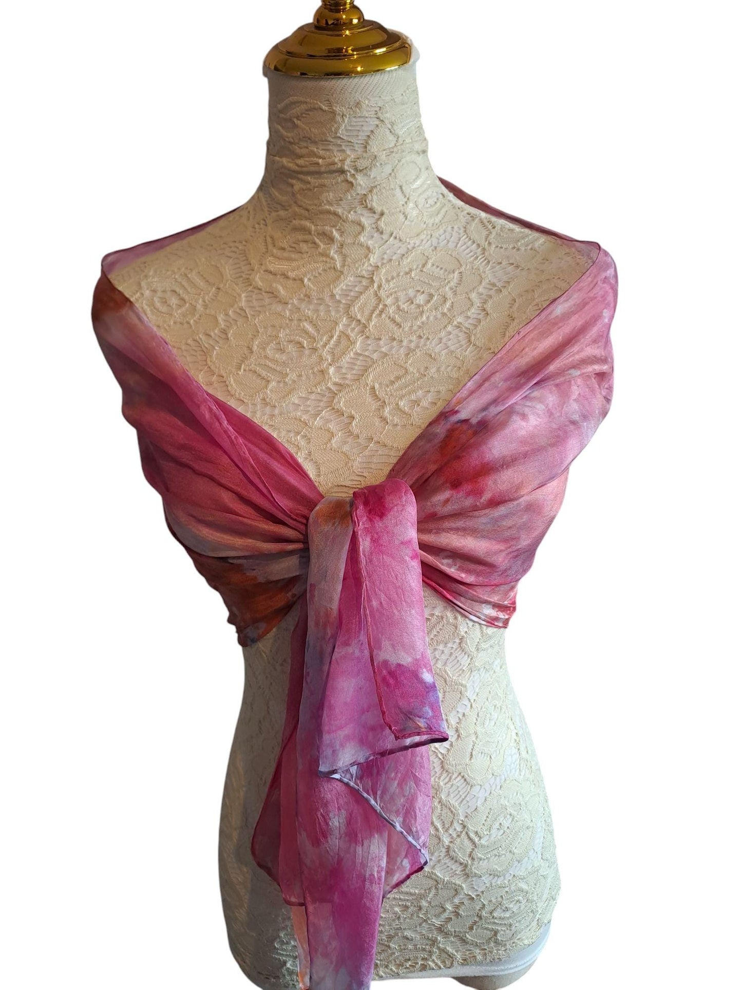 Hand Ice Dyed Silk Scarf: Pink & Gold Floral Shawl