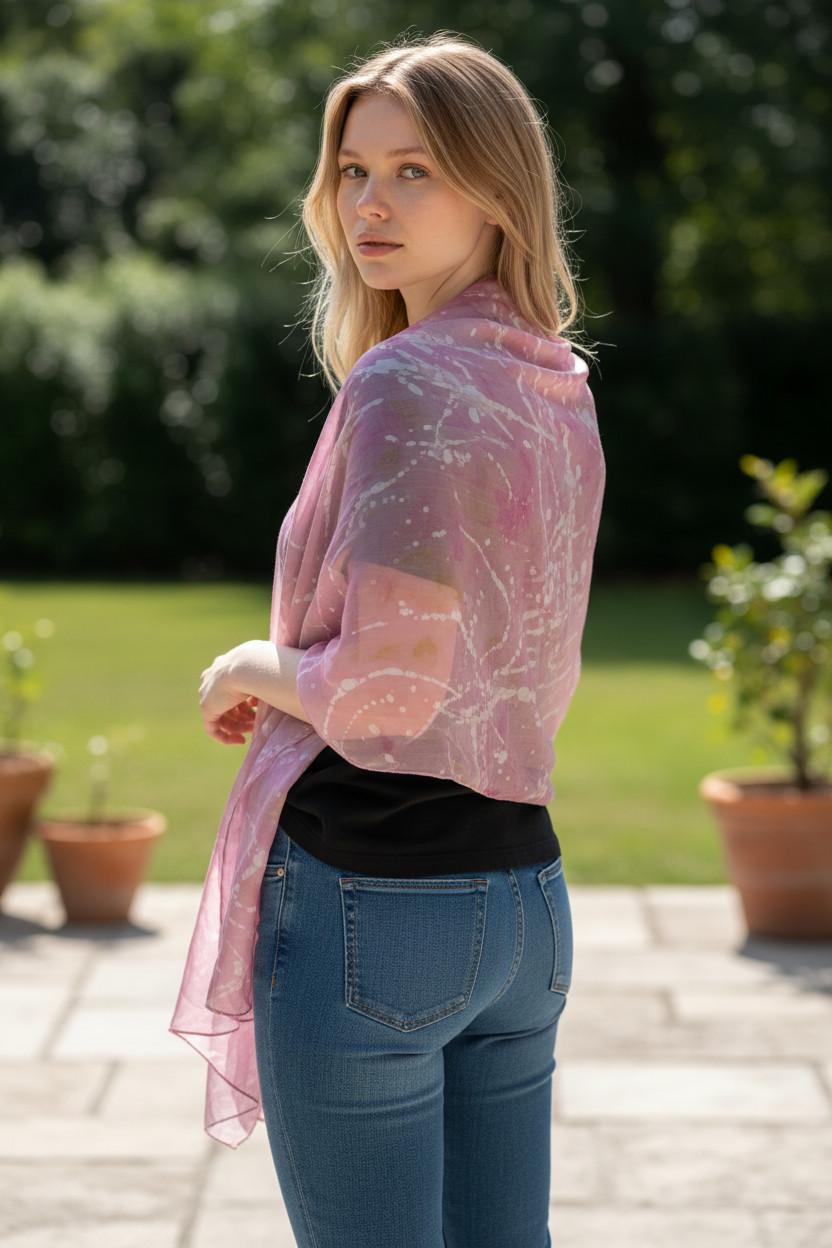 Handmade Pink & Gold Silk Scarf: Ice Dyed Batik