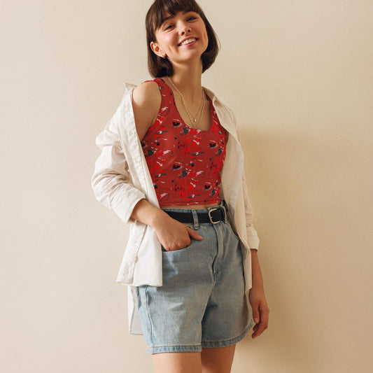 Abstract Print Crop Top: Red, Black, Modern Art Style
