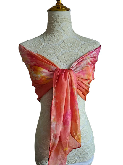Pink and Gold Silk Scarf: Ice Dyed Handmade Shawl