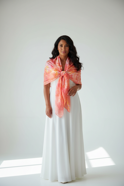 Pink and Gold Silk Scarf: Ice Dyed Handmade Shawl