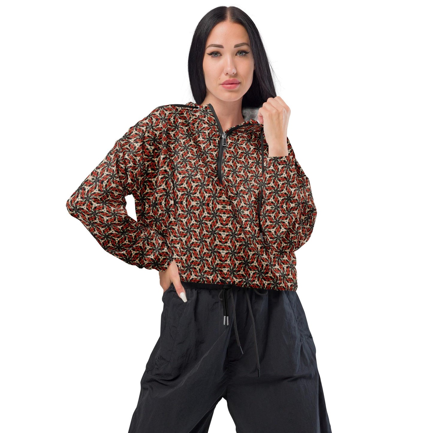 Geometric Pattern Cropped Windbreaker: Lightweight Spring Jacket