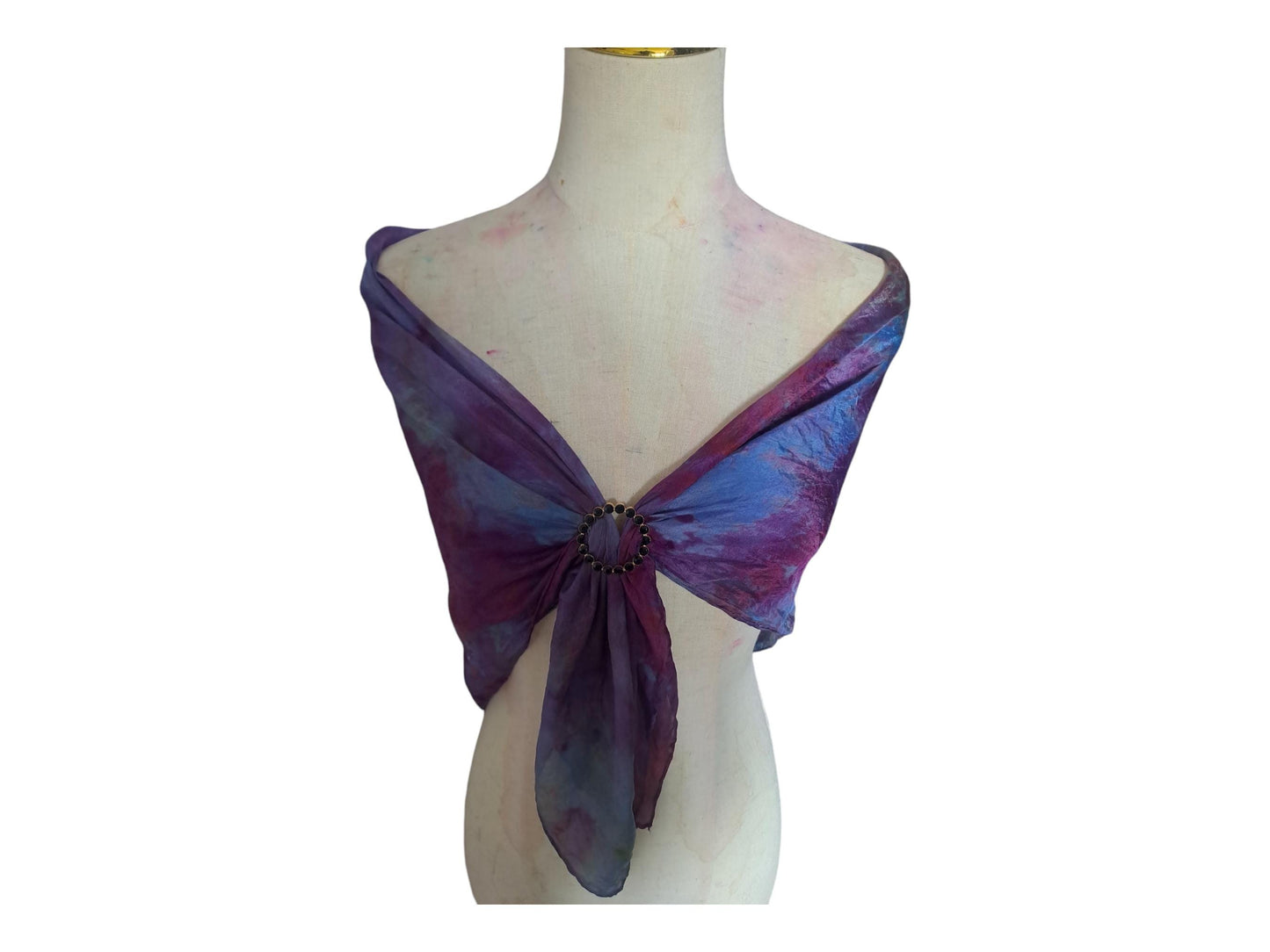 Hand-Dyed Silk Scarf with Brooch, Purple, Blue, Pink Watercolor
