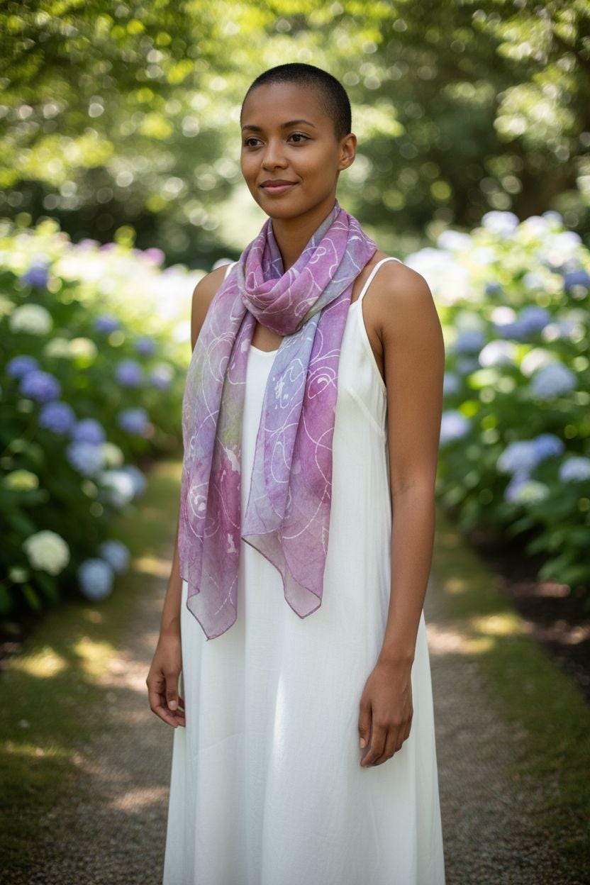Pink and Green Batik Silk Scarf with Metallic Accents