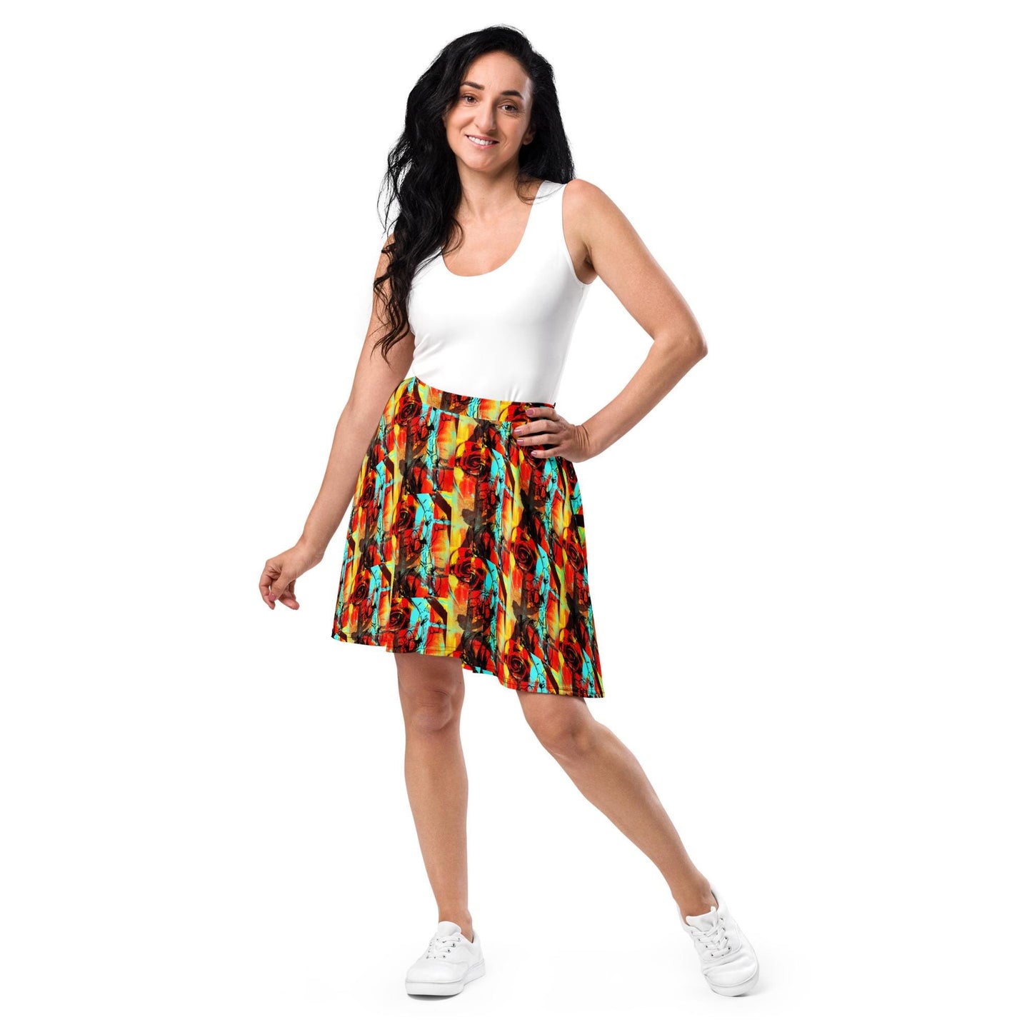 Abstract Floral Skater Skirt: Bright Colors, Elastic Waist