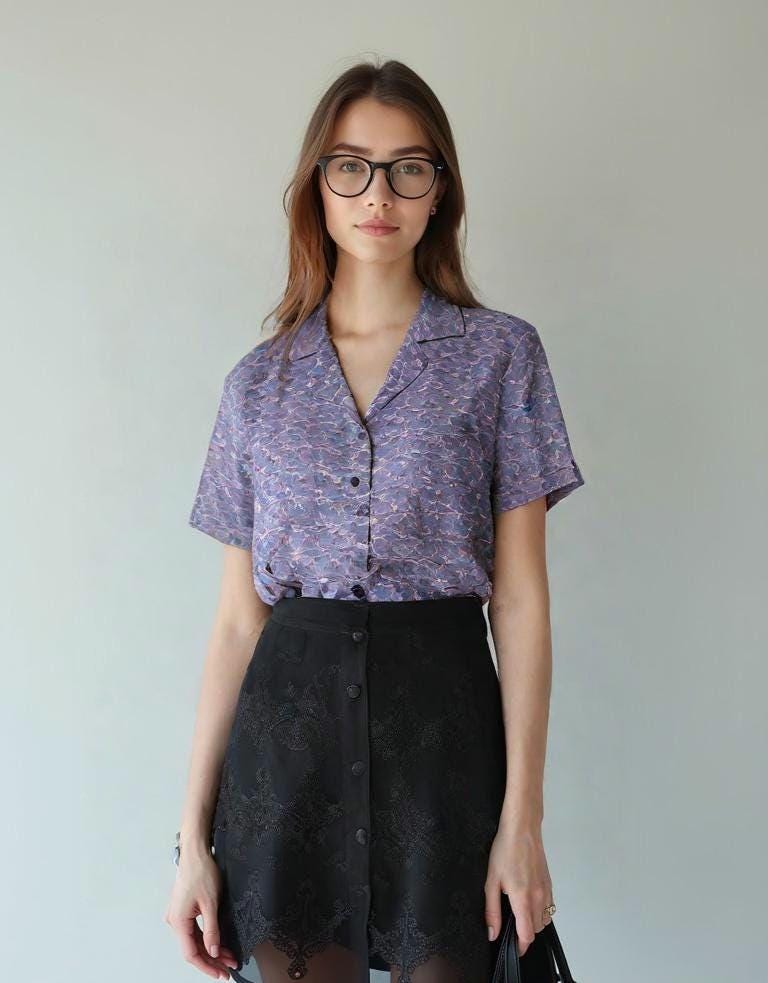 Vintage-Inspired Purple Button-Up Shirt - Casual Short Sleeve Blouse for Women