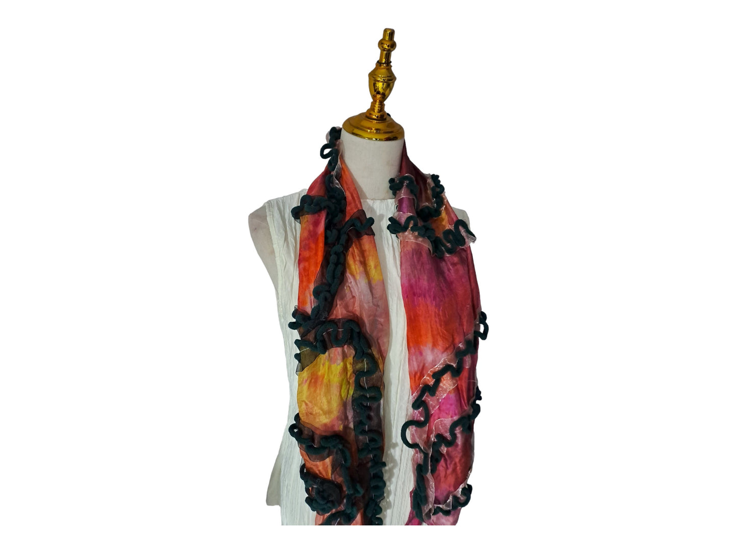 Handmade Hippy Silk Shawl: Orange & Green with Black Ribbons