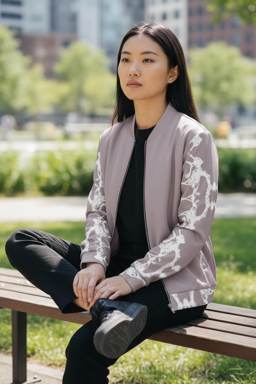 Handmade Pale Silver Pink Bomber Jacket: Stylish Women's Patterned Jacket