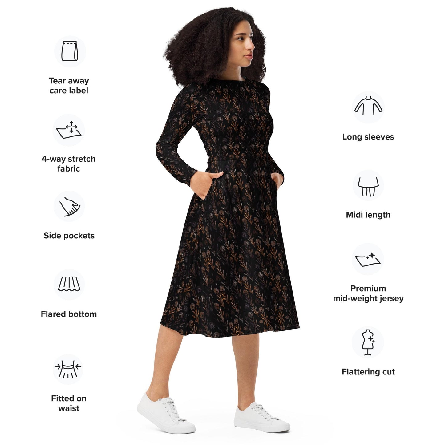 Floral Maxi Dress: Black & Gold Flared Long Sleeve Midi
