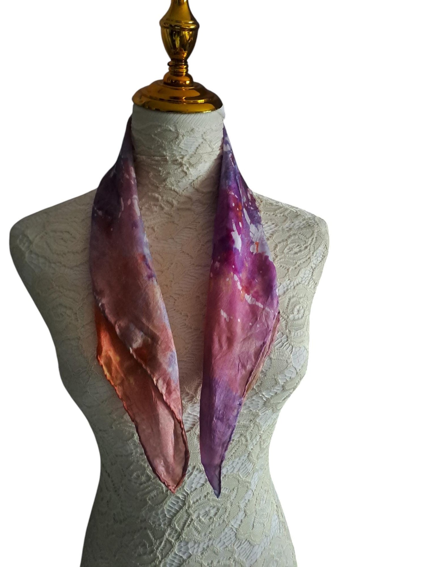 batik silk scarf- orange and purple neckerchief small gift for a loved one.