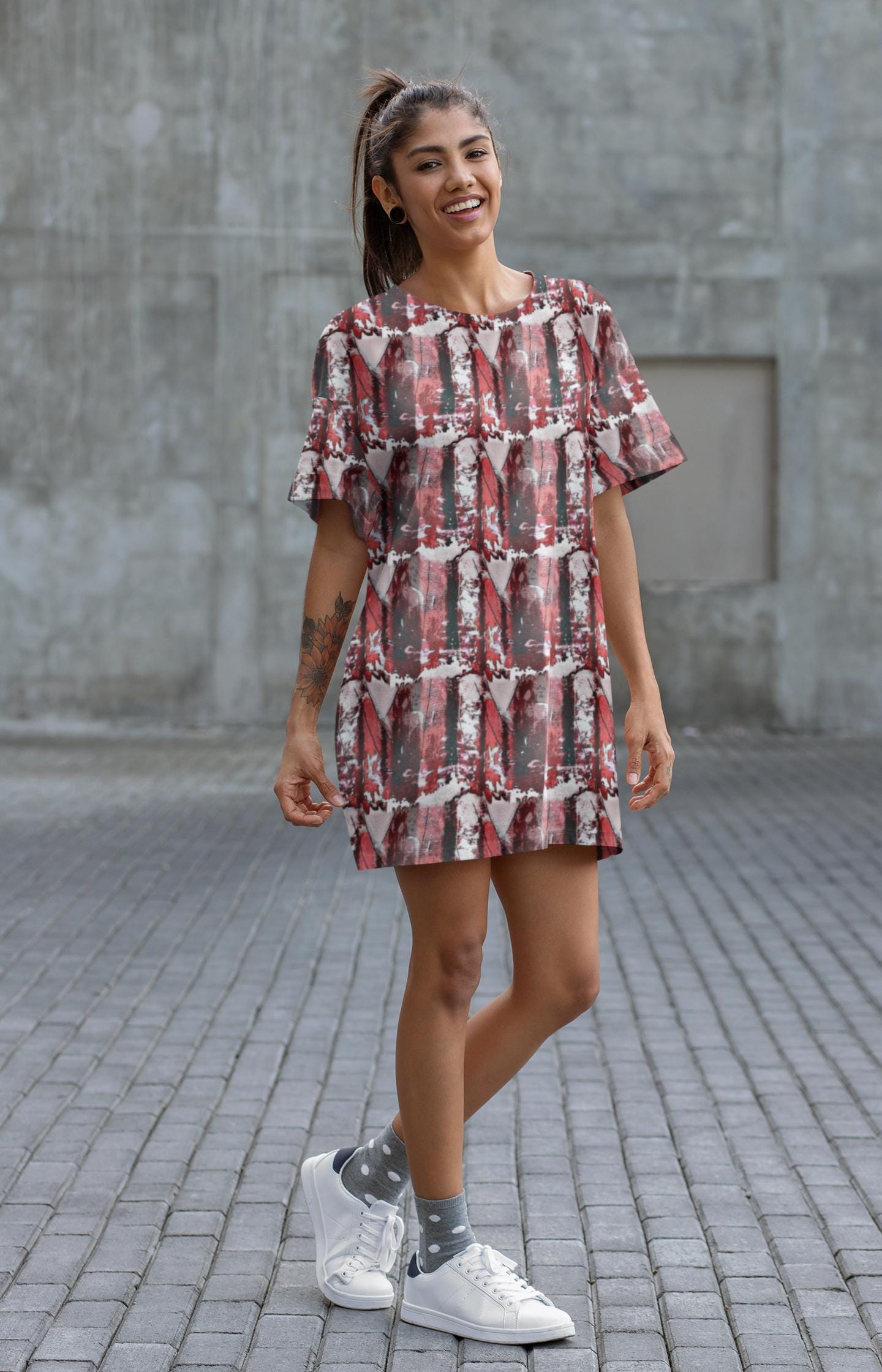 Abstract Red Black Striped T-Shirt Mini Dress: Oversized Drop Shoulder