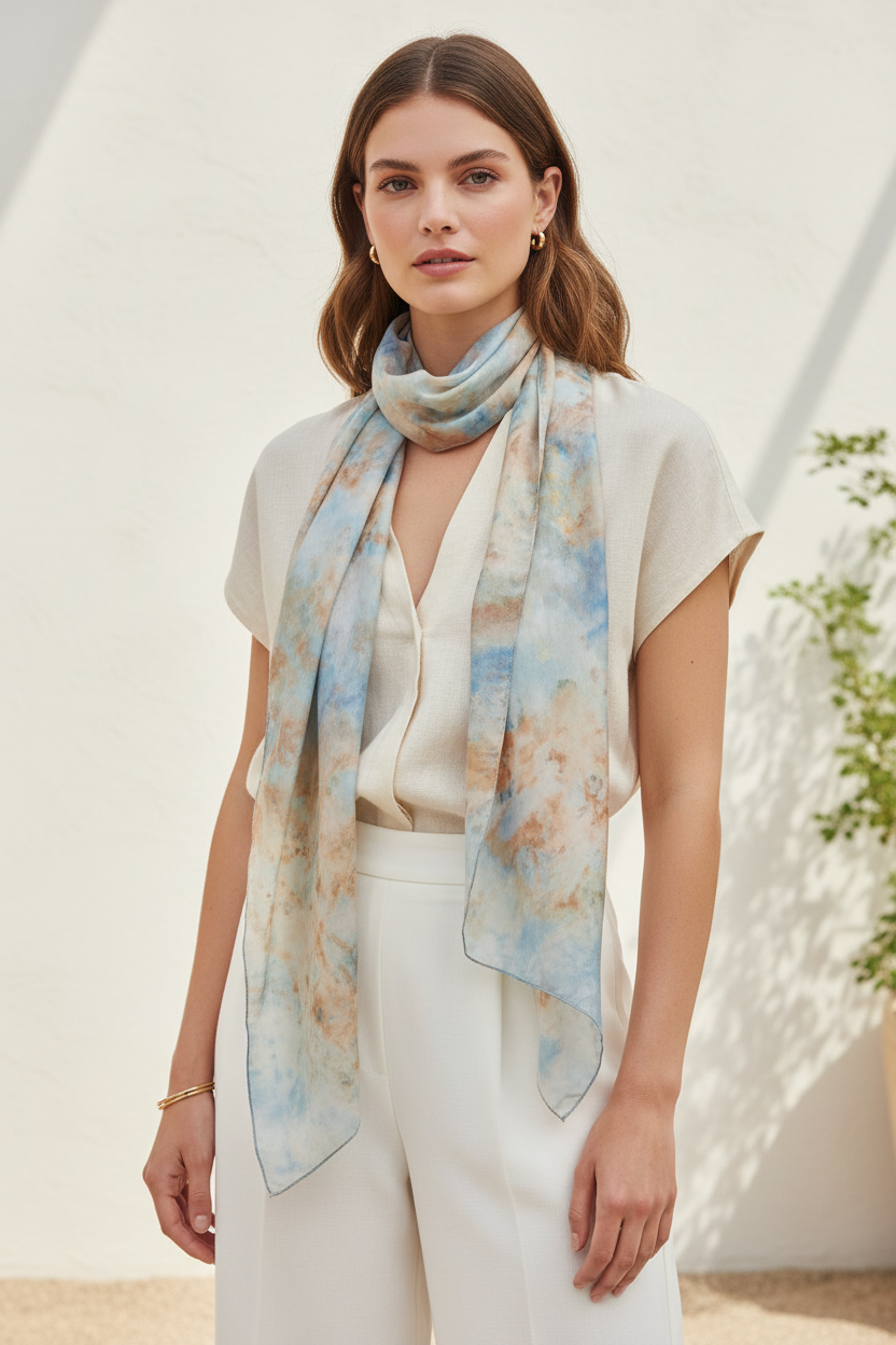 Handmade Ice-Dyed Silk Scarf – One-of-a-Kind Wearable Art | ice dyed water coloured effect Design