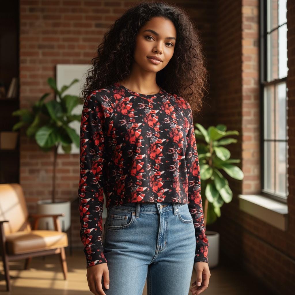 Recycled Abstract Crop Top: Vibrant Long Sleeve Streetwear