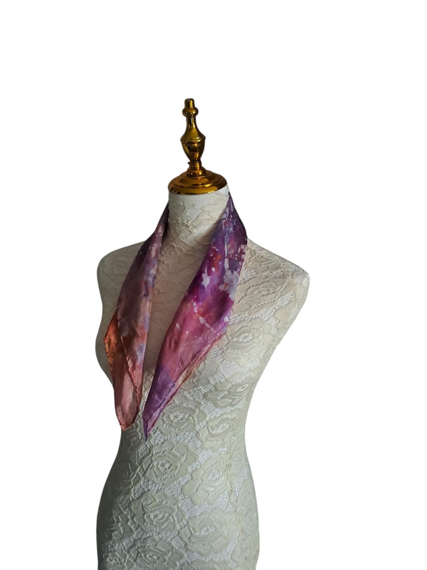 batik silk scarf- orange and purple neckerchief small gift for a loved one.
