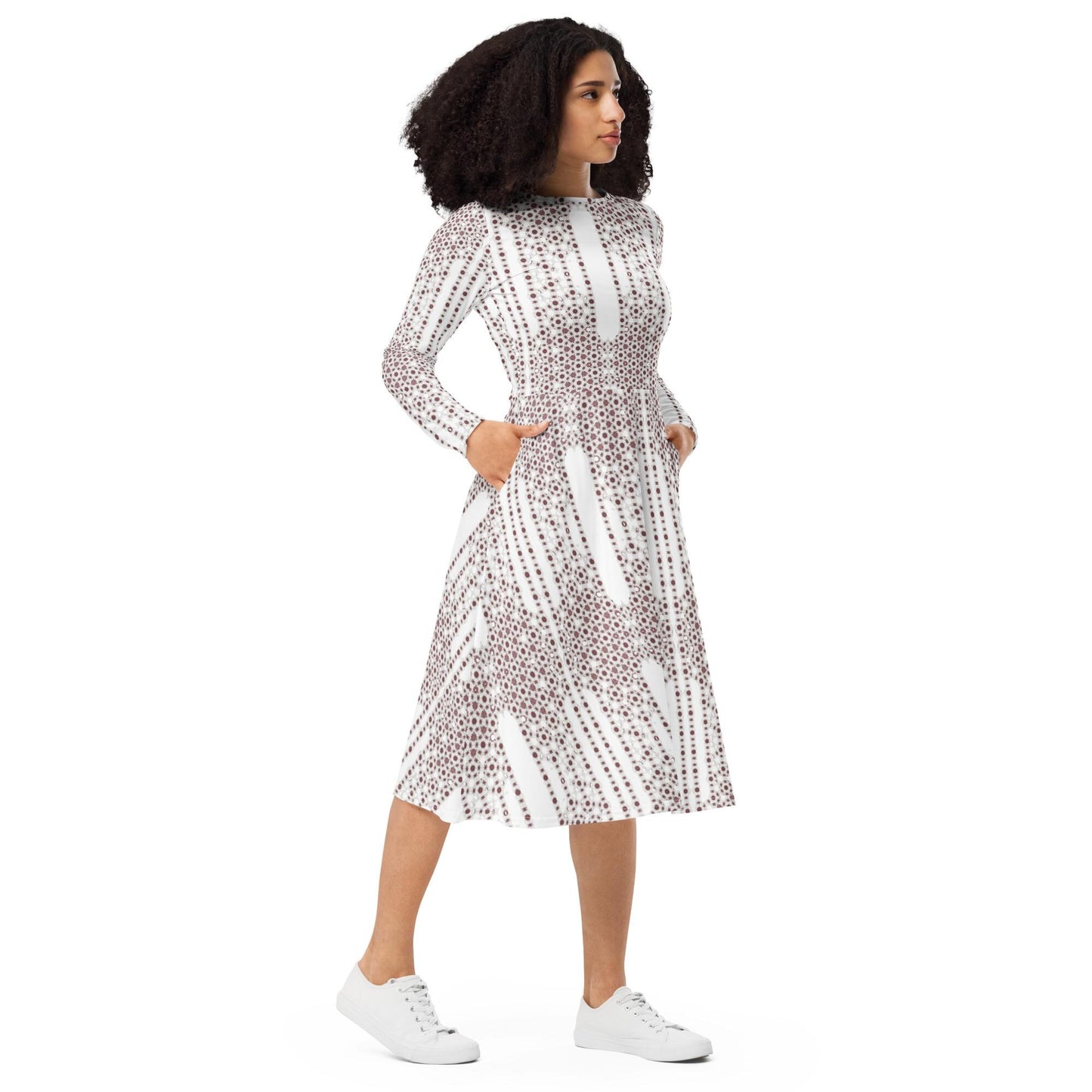 Bronze & White Skater Dress | Long Sleeve Midi with Pockets