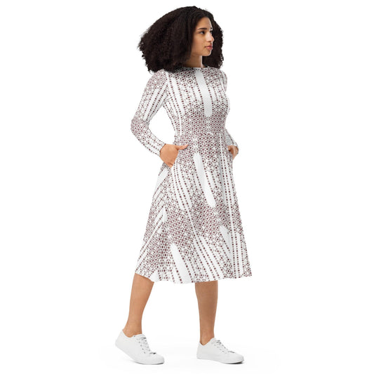 Bronze & White Skater Dress | Long Sleeve Midi with Pockets
