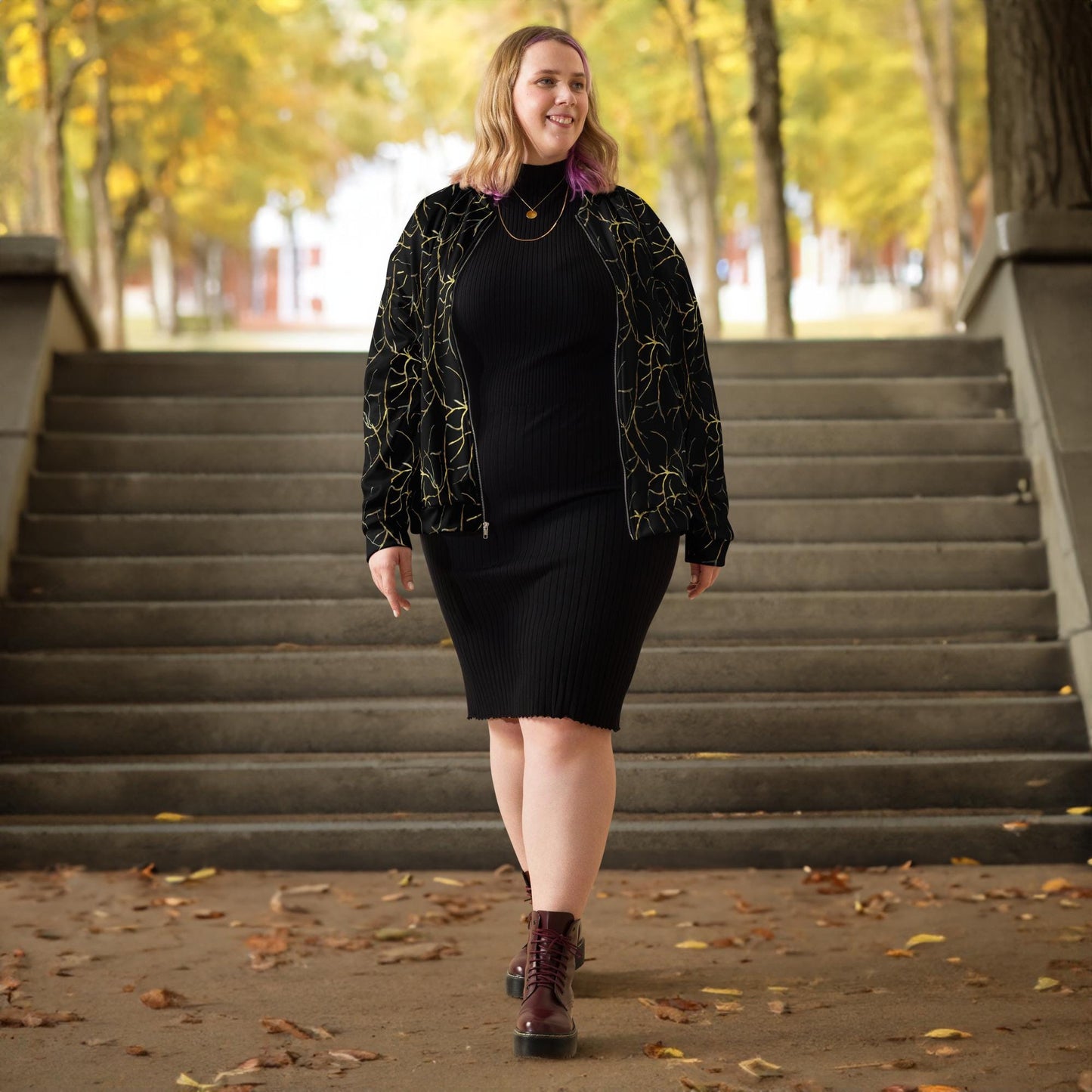 Black and Gold Bomber Jacket: Abstract Leaf Pattern, Lightweight Outerwear