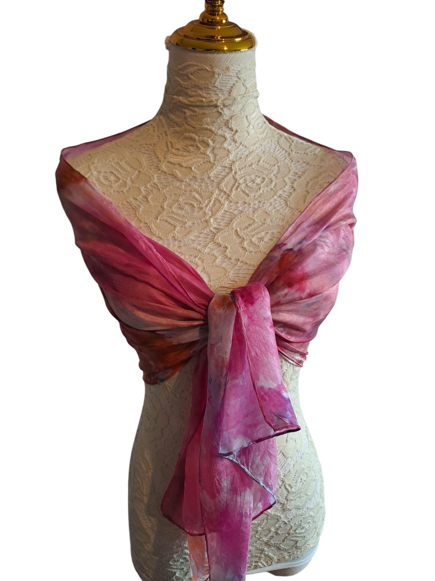 Hand Ice Dyed Silk Scarf: Pink & Gold Floral Shawl