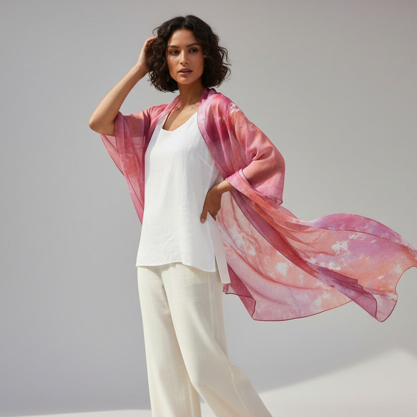Hand Ice Dyed Silk Scarf: Pink & Gold Floral Shawl