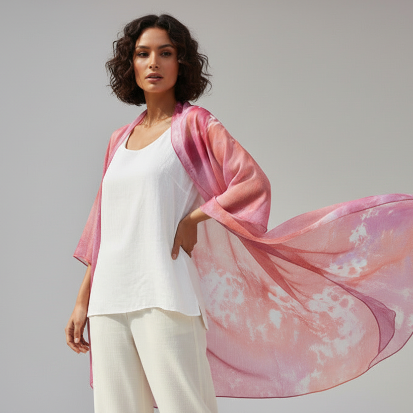 Hand Ice Dyed Silk Scarf: Pink & Gold Floral Shawl