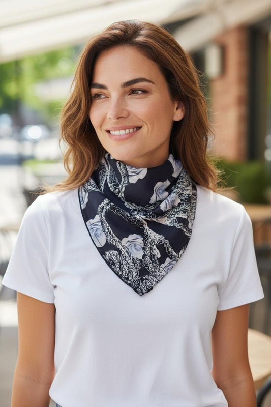 Abstract Floral Bandana: Navy Rose Hair Scarf, Pocket Square