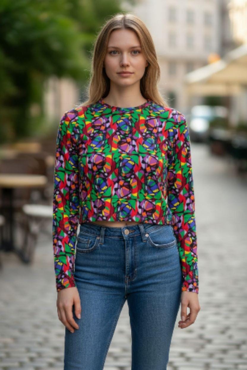 Boldly Abstract: Recycled Long-Sleeve Crop Top