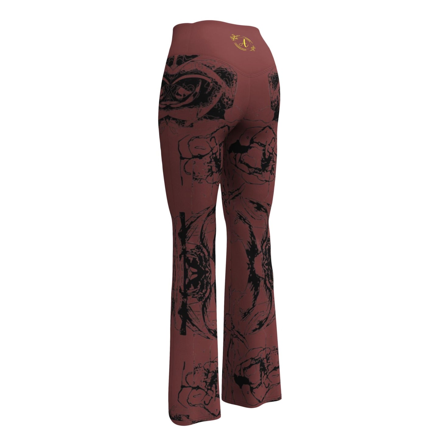 Flare Leggings: Dark Brown Floral High-Waisted Trousers, Casual Fitted Wide-Leg Pants for Hipster Style
