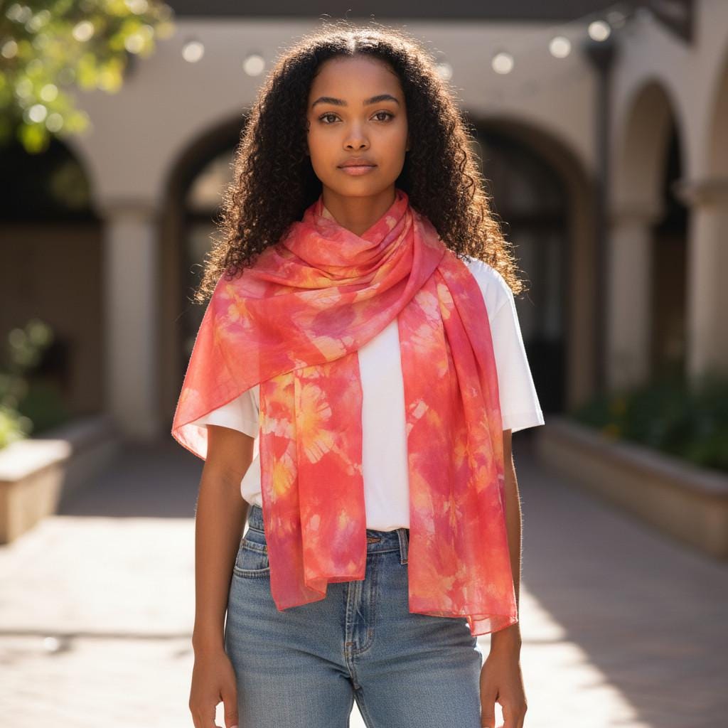 Orange Swirl Silk Scarf: Hand-Dyed Batik Boho Wrap