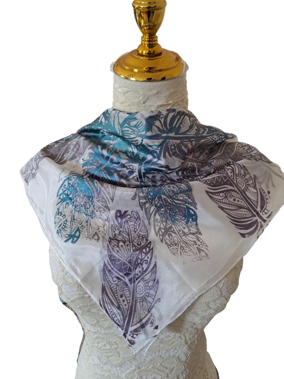 Handmade Silk Neckerchief: Silver & White Peacock Feather Scarf