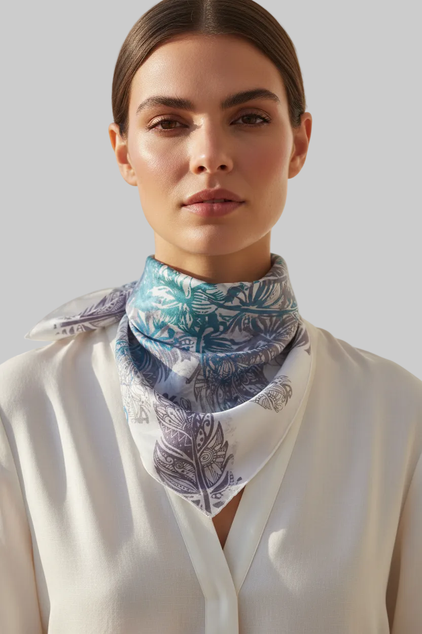 Handmade Silk Neckerchief: Silver & White Peacock Feather Scarf