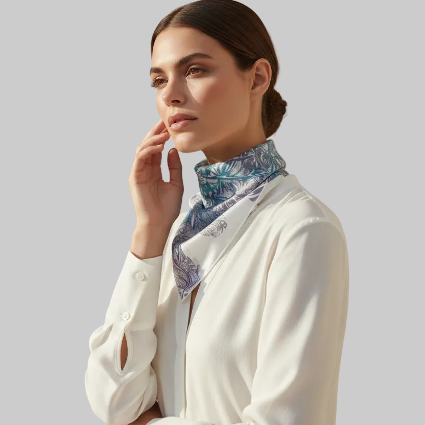 Handmade Silk Neckerchief: Silver & White Peacock Feather Scarf