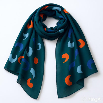 Teal Moon Phase Scarf – Soft Wool Blend Shawl with Abstract Crescent Pattern | Elegant Winter Wrap for Women | Cozy Gift Idea