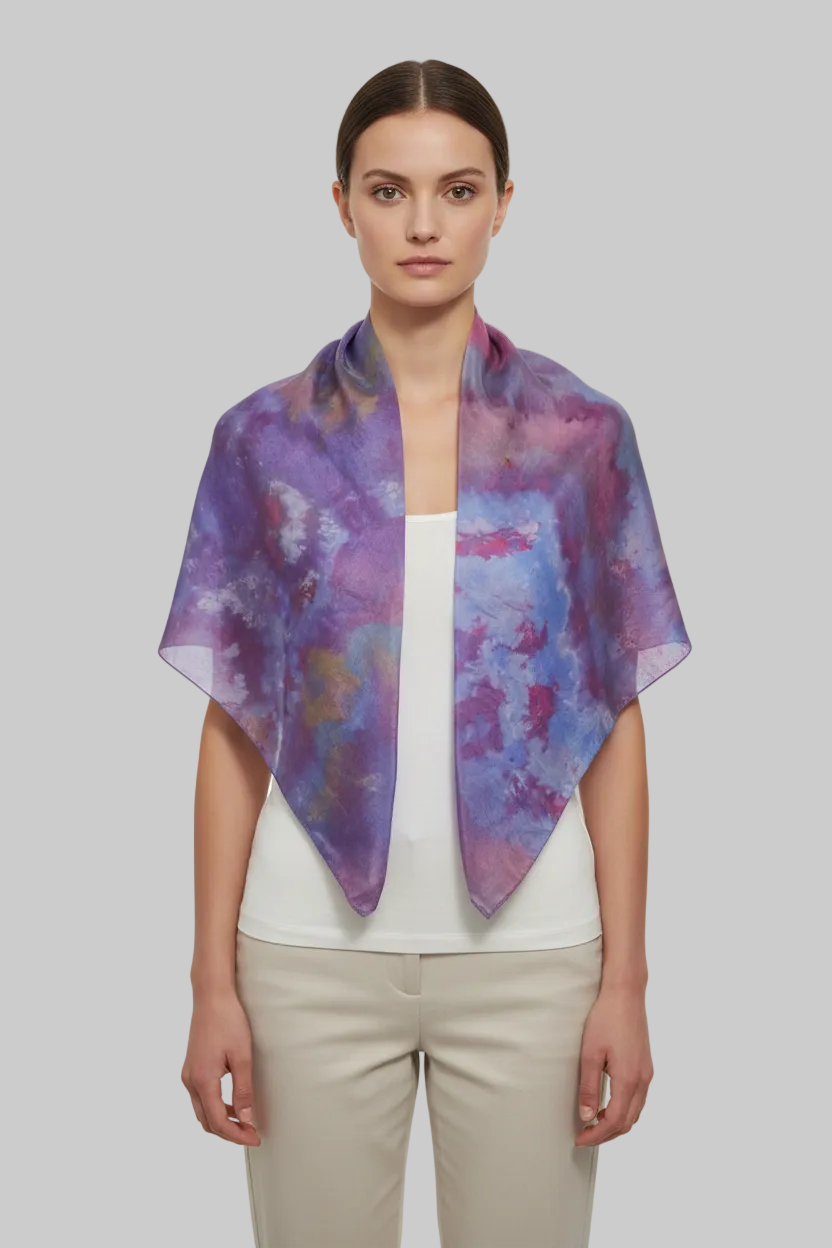Icedye Silk Scarf: Purple & Blue Square Shawl