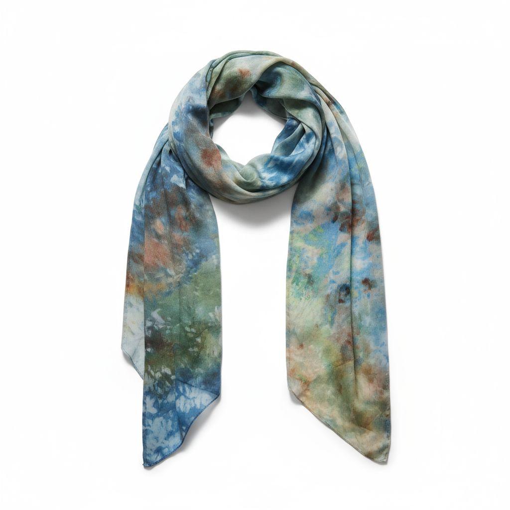 Ice-Dyed Silk Scarf: Teal Green & Golden Yellow Watercolor Shawl