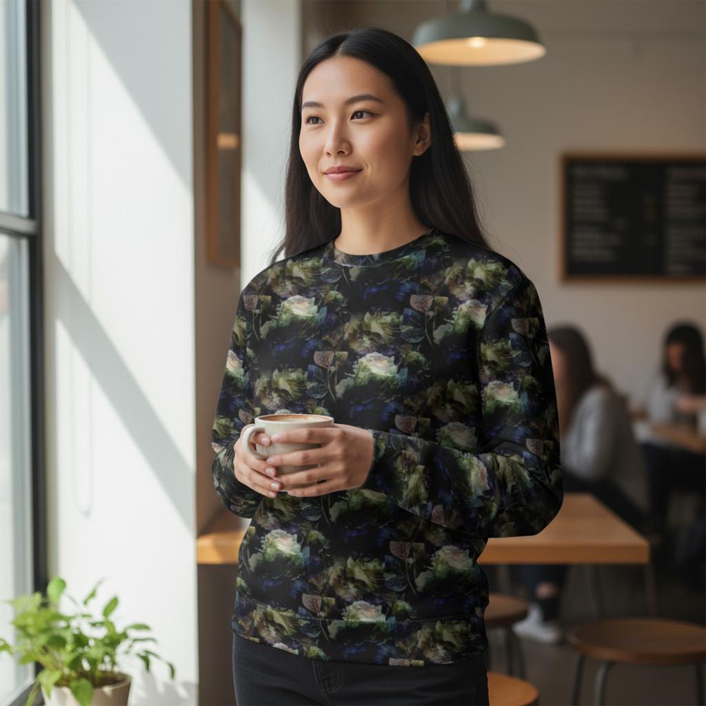 Chic Black Jumper with White Rose Floral Design