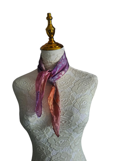 batik silk scarf- orange and purple neckerchief small gift for a loved one.
