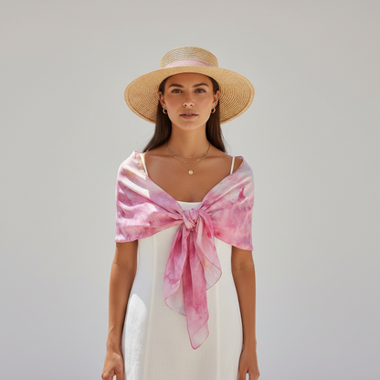 Hand Ice Dyed Silk Scarf: Pink & Gold Floral Shawl