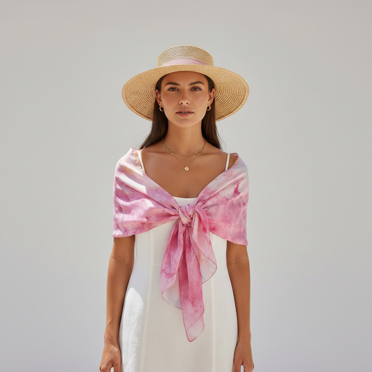 Hand Ice Dyed Silk Scarf: Pink & Gold Floral Shawl