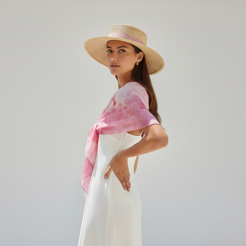 Hand Ice Dyed Silk Scarf: Pink & Gold Floral Shawl