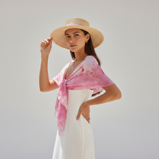 Hand Ice Dyed Silk Scarf: Pink & Gold Floral Shawl